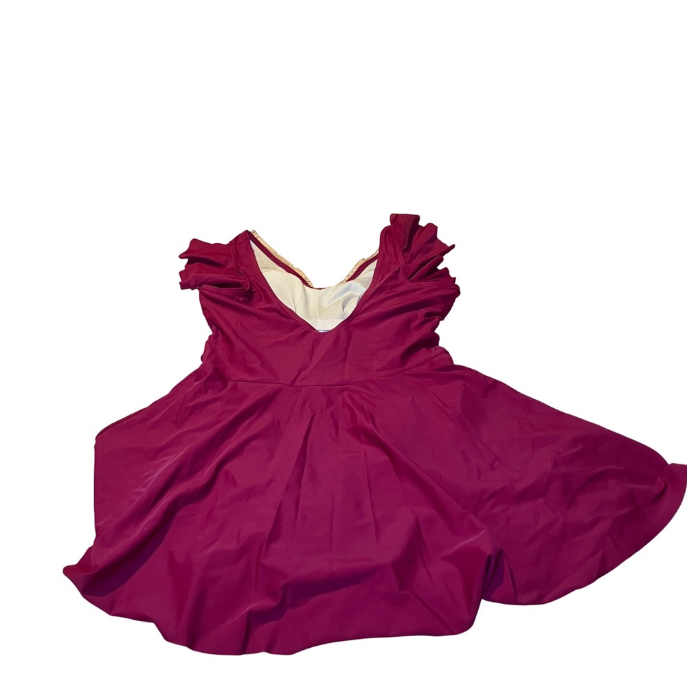 Women's XL Burgundy Ruffle Sleeve Swim Dress with Crochet Lace Trim V-Neck - Picture 7 of 9